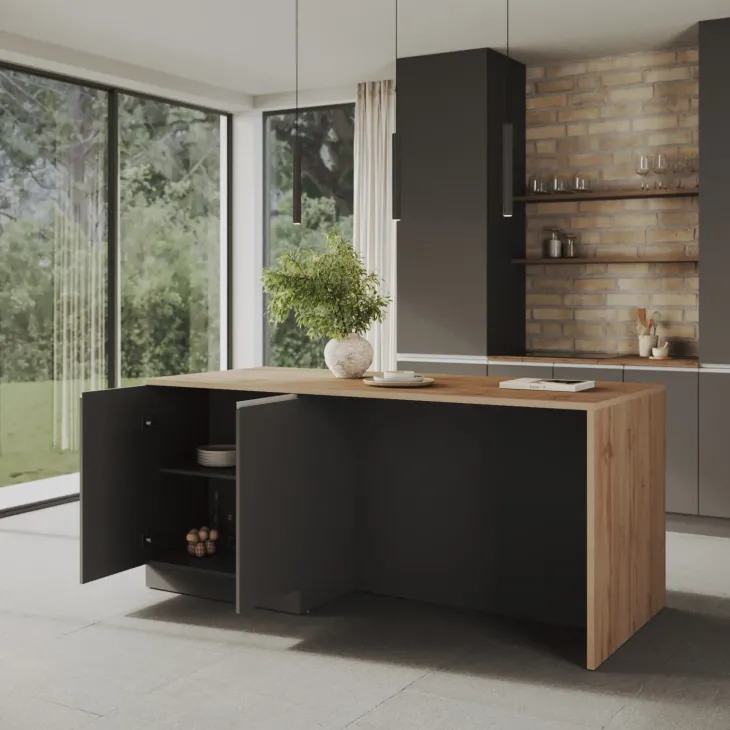 Isola cucina centrale 200x90 cm 4 ante antracite piano rovere Gourmet