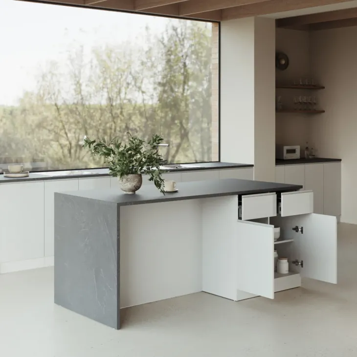 Isola cucina centrale 200x90 cm 4 ante 4 cassetti bianco piano grigio pietra Gourmet