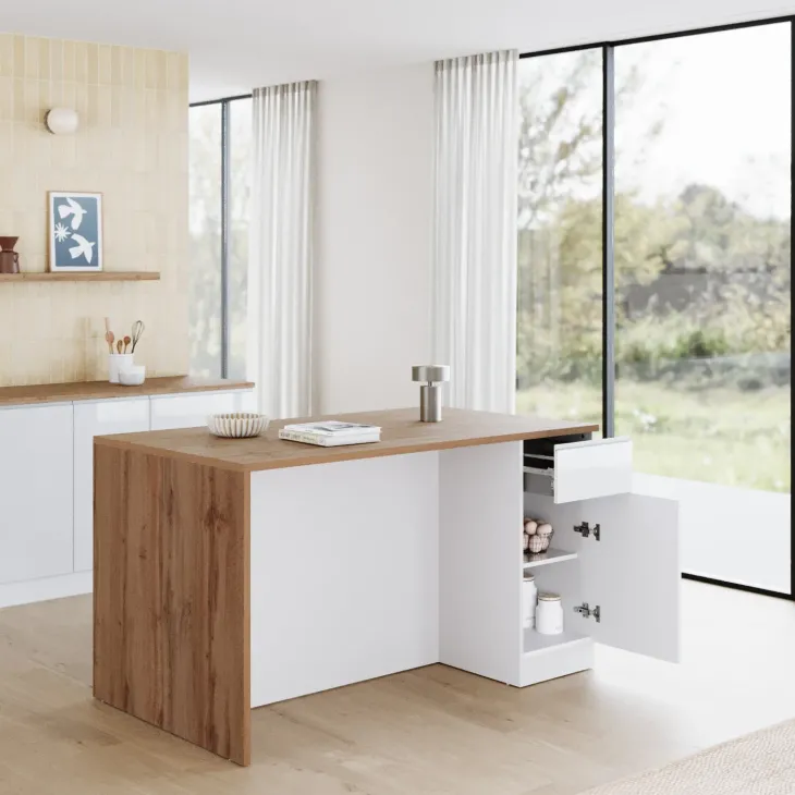 Isola cucina centrale 160x90 cm 2 ante 2 cassetti bianco piano rovere Gourmet