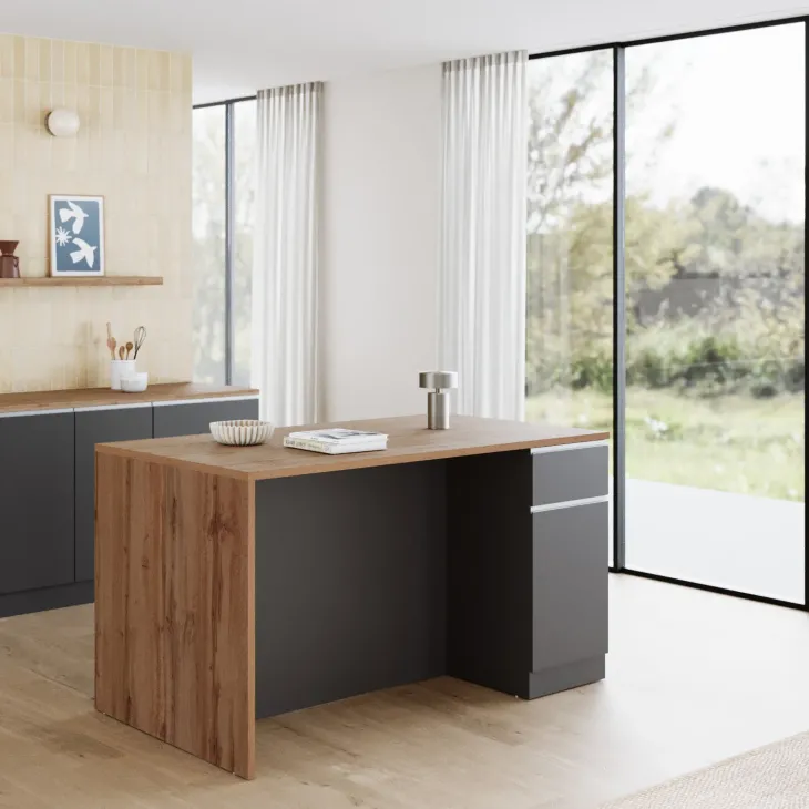 Isola cucina centrale 160x90 cm 2 ante 2 cassetti antracite piano rovere Gourmet