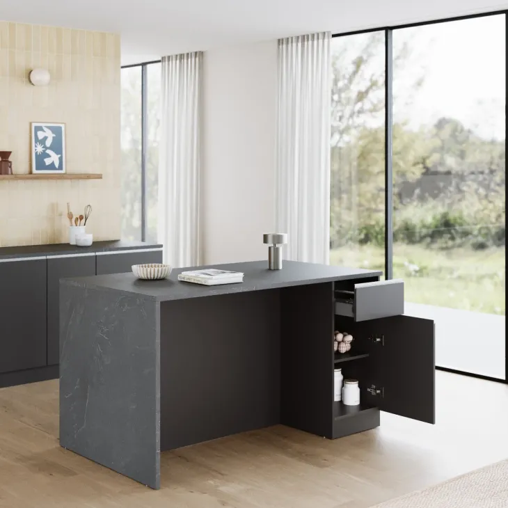 Isola cucina centrale 160x90 cm 2 ante 2 cassetti antracite piano grigio pietra Gourmet