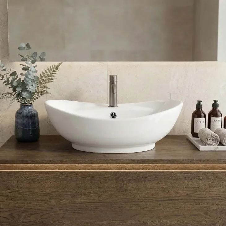 Lavabo bagno da appoggio ovale 59x40cm in ceramica bianco lucido Aqualis
