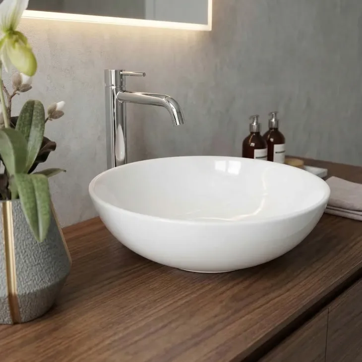 Lavabo bagno da appoggio tondo Ø42cm in ceramica bianco lucido Mira