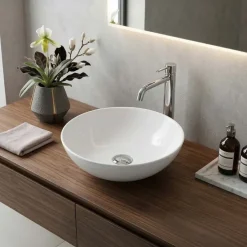 Lavabo bagno da appoggio tondo Ø42cm in ceramica bianco lucido Mira