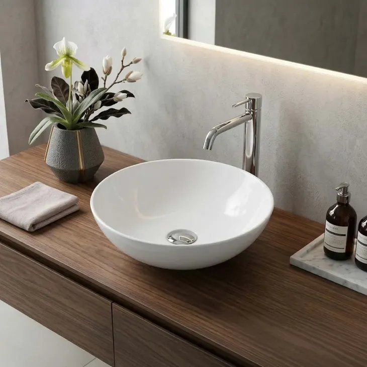 Lavabo bagno da appoggio tondo Ø42cm in ceramica bianco lucido Mira