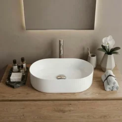Lavabo bagno da appoggio 56x35cm a bacinella in ceramica bianco lucido Goccia