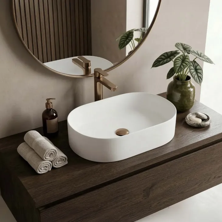 Lavabo bagno da appoggio 55x34cm a bacinella in ceramica bianco opaco Opalia