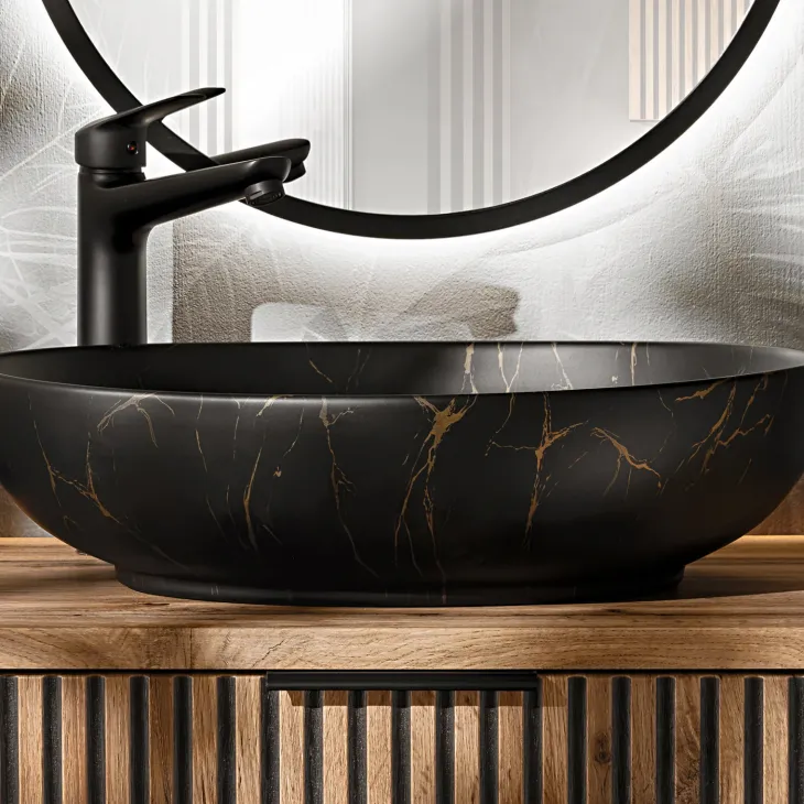 Lavabo bagno da appoggio 52x40cm ceramica nero oro Limpid