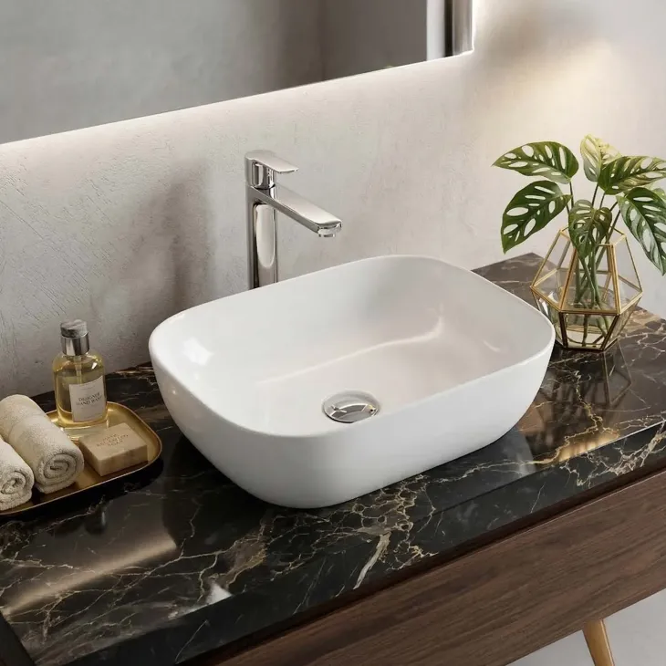 Lavabo bagno da appoggio 46x32cm in ceramica bianco lucido Frejus