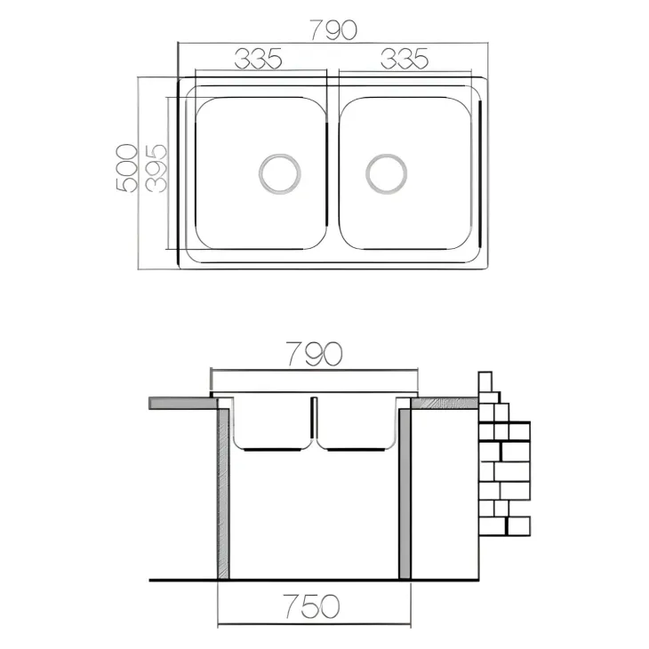 Lavello da incasso 79x50cm 2 vasche acciaio inox Tearcrom