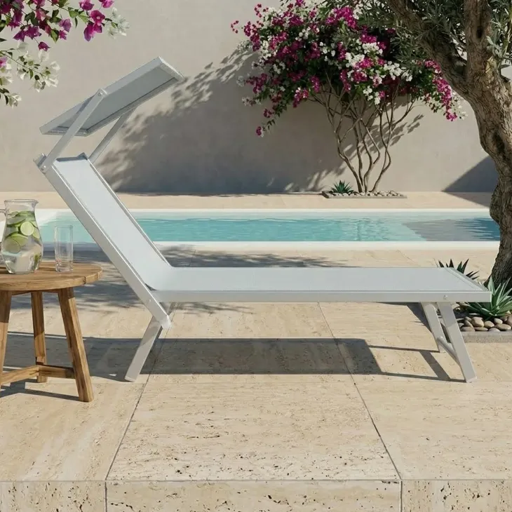 Lettino prendisole reclinabile in alluminio e textilene grigio chiaro con tettuccio Apollo