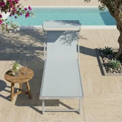 Lettino prendisole reclinabile in alluminio e textilene grigio chiaro con tettuccio Apollo