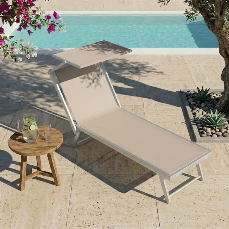 Lettino prendisole reclinabile in alluminio e textilene beige con tettuccio Apollo