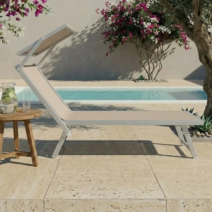 Lettino prendisole reclinabile in alluminio e textilene beige con tettuccio Apollo