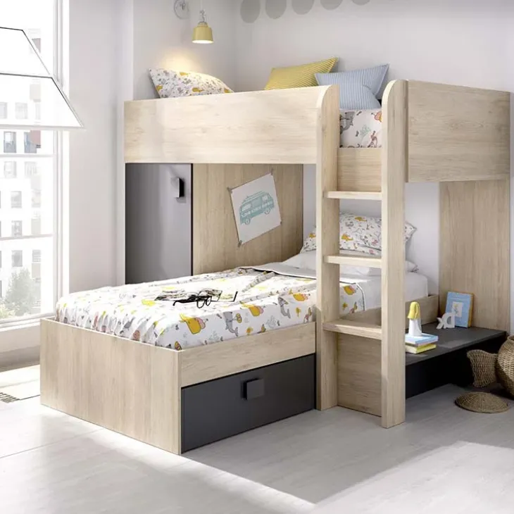 Letto a castello per bambini con armadio 255x112cm rovere grafite Sole