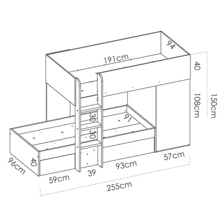 Letto a castello per bambini con armadio 255x112cm rovere grafite Sole