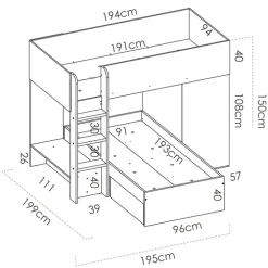 Letto a castello per bambini con armadio 255x112cm rovere grafite Sole