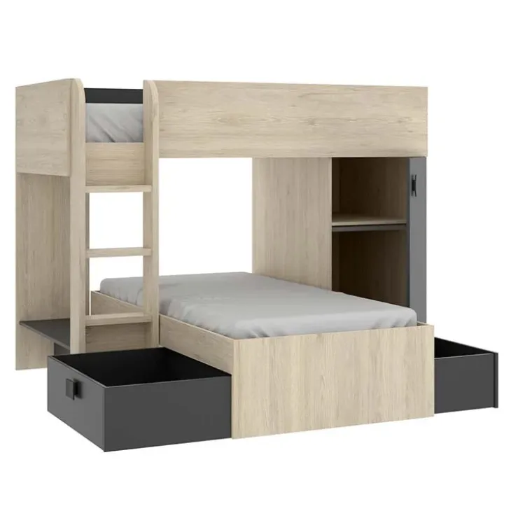 Letto a castello per bambini con armadio 255x112cm rovere grafite Sole