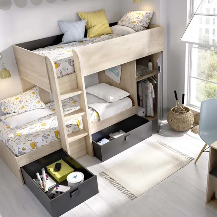 Letto a castello per bambini con armadio 255x112cm rovere grafite Sole