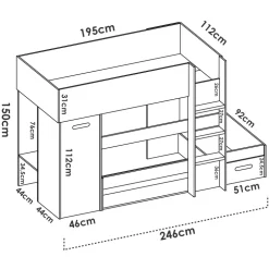 Letto a castello per bambini con armadio 246x112cm rovere bianco Simpy