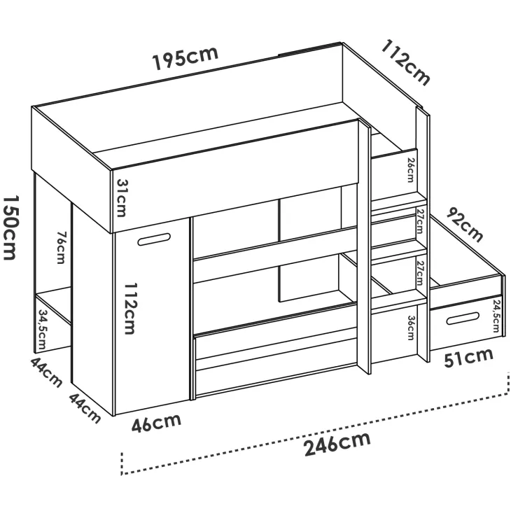 Letto a castello per bambini con armadio 246x112cm rovere bianco Simpy
