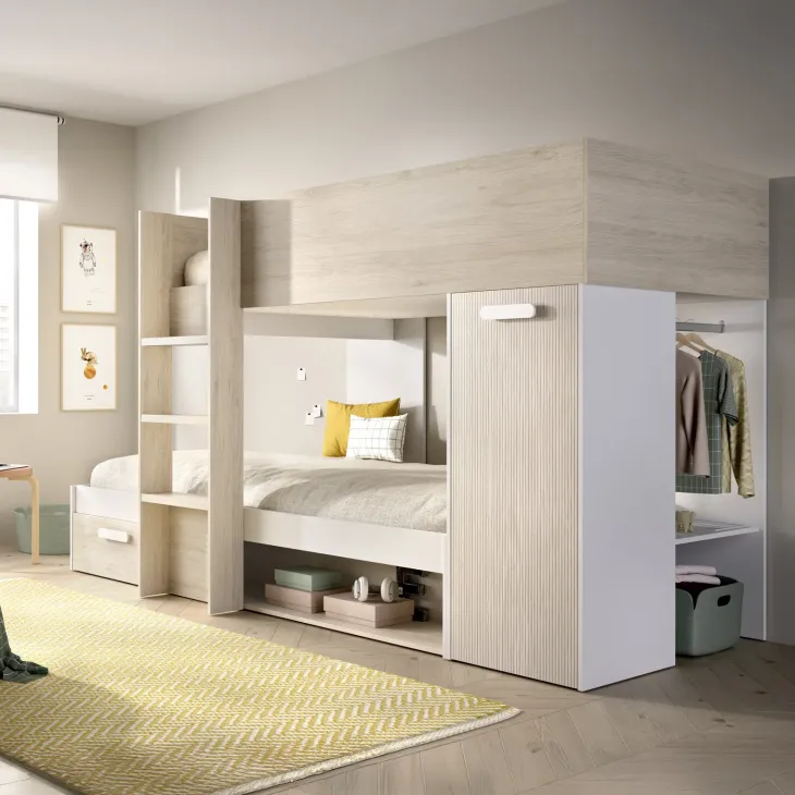 Letto a castello per bambini con armadio 246x112cm rovere bianco Simpy
