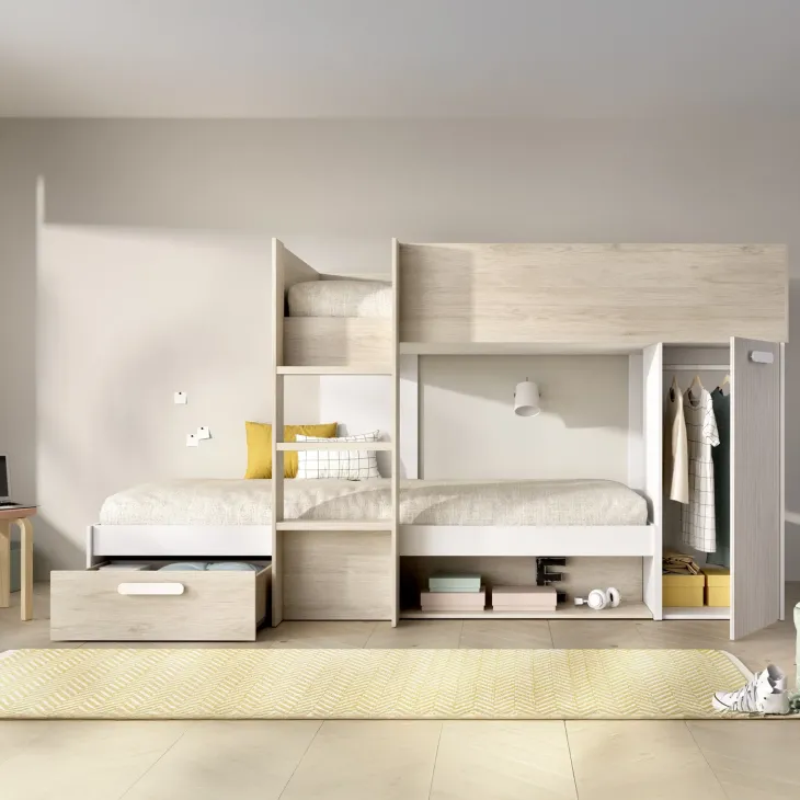 Letto a castello per bambini con armadio 246x112cm rovere bianco Simpy