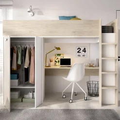 Letto a castello per bambini con scrivania e armadio 205x112cm rovere bianco Lenny