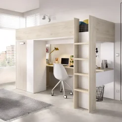 Letto a castello per bambini con scrivania e armadio 205x112cm rovere bianco Lenny