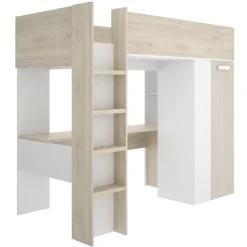 Letto a castello per bambini con scrivania e armadio 205x112cm rovere bianco Lenny