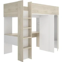 Letto a castello per bambini con scrivania e armadio 205x112cm rovere bianco Lenny