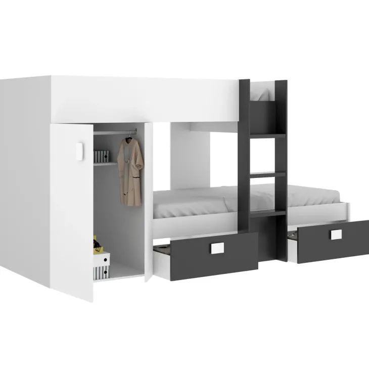 Letto a castello per bambini con armadio 271x111cm nero bianco Pooh