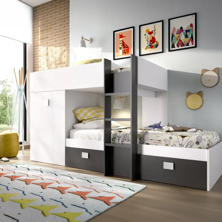 Letto a castello per bambini con armadio 271x111cm nero bianco Pooh