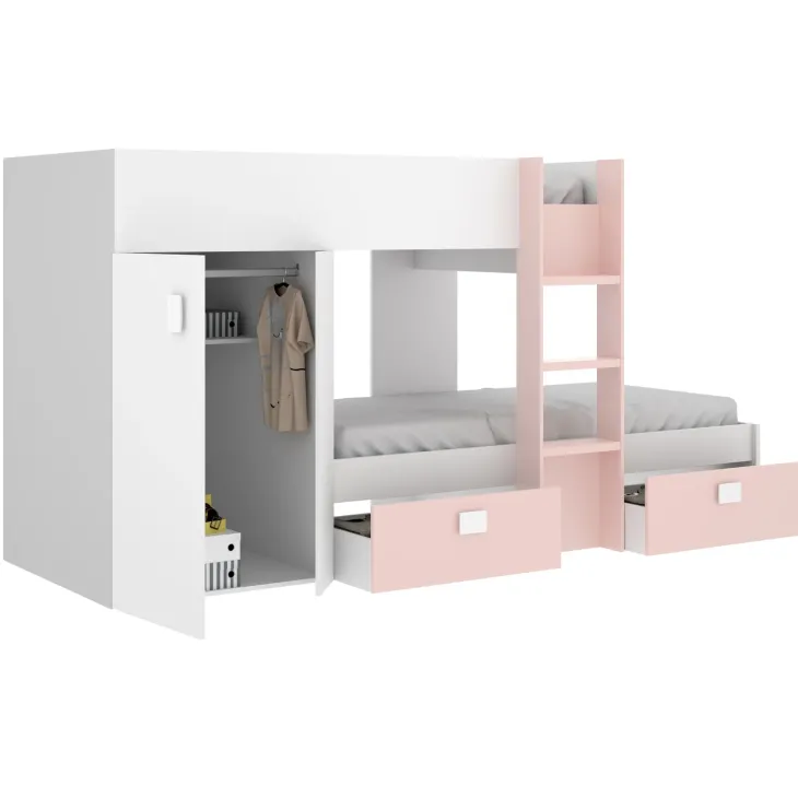 Letto a castello per bambini con armadio 271x111cm rosa bianco Pooh