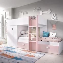 Letto a castello per bambini con armadio 271x111cm rosa bianco Pooh