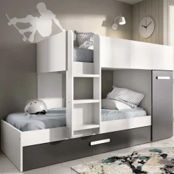 Letto a castello 90x190 con armadio 244x126cm bianco grafite 3 letti Damian