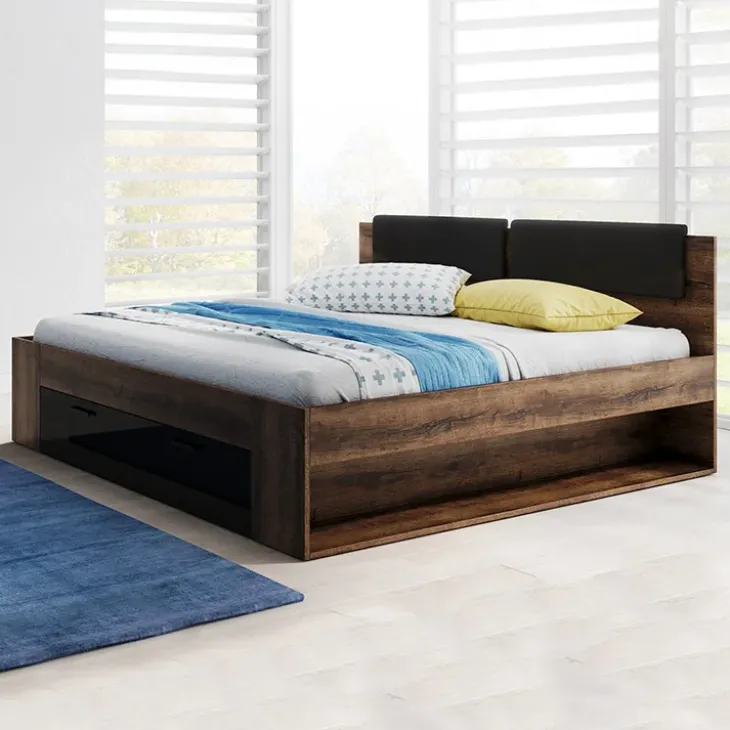 Letto alla francese 140x200cm con cassettone e vani laterali rovere scuro nero lucido Cortina Gihome®