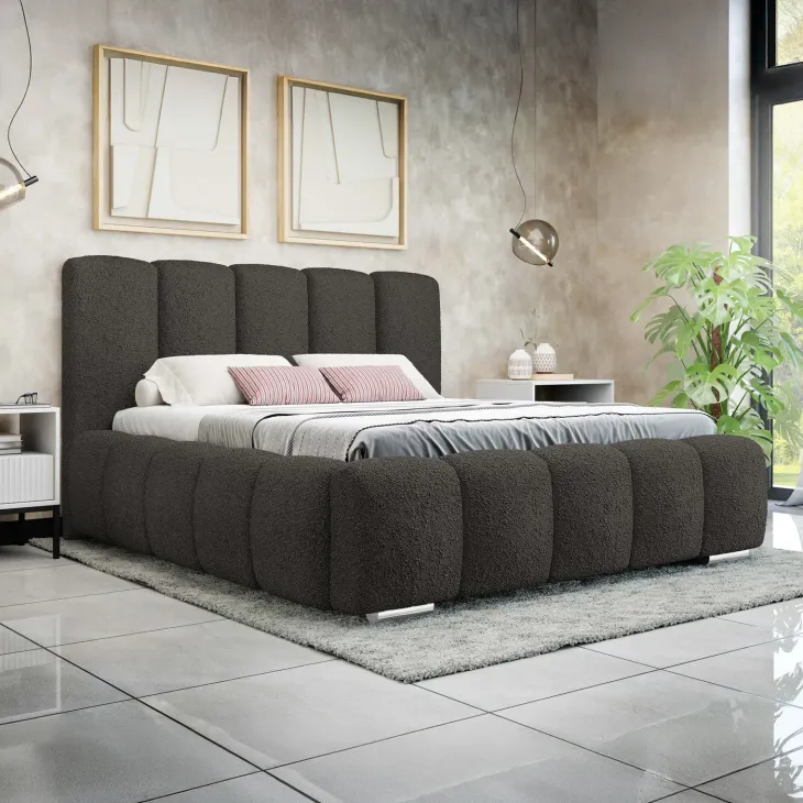 Letto alla francese 140x200 cm con rete contenitore imbottito tessuto bouclé nero Cometa
