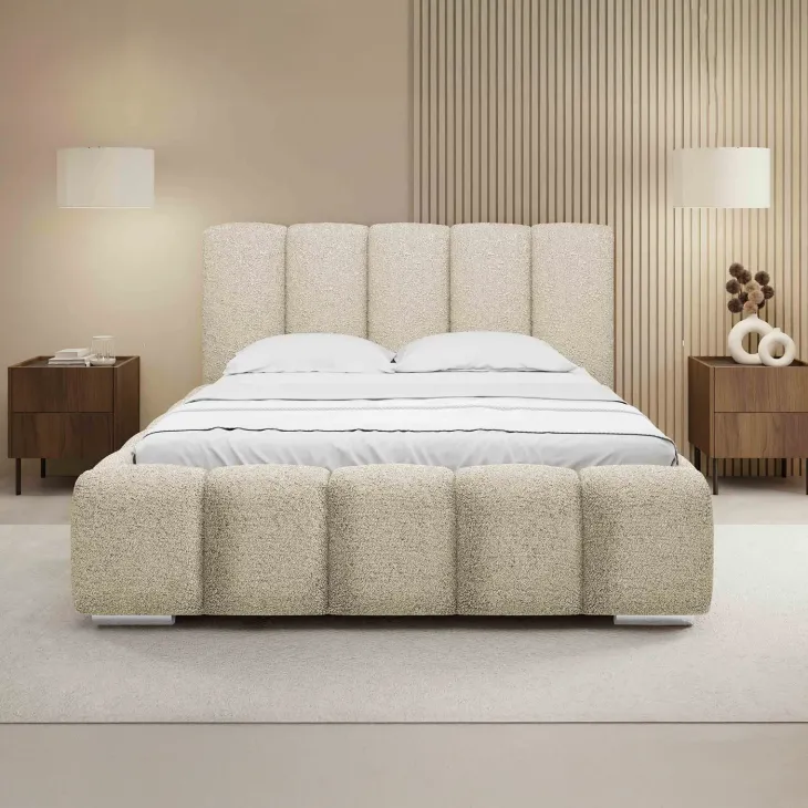 Letto alla francese 140x200 cm con rete contenitore imbottito tessuto bouclé beige Cometa