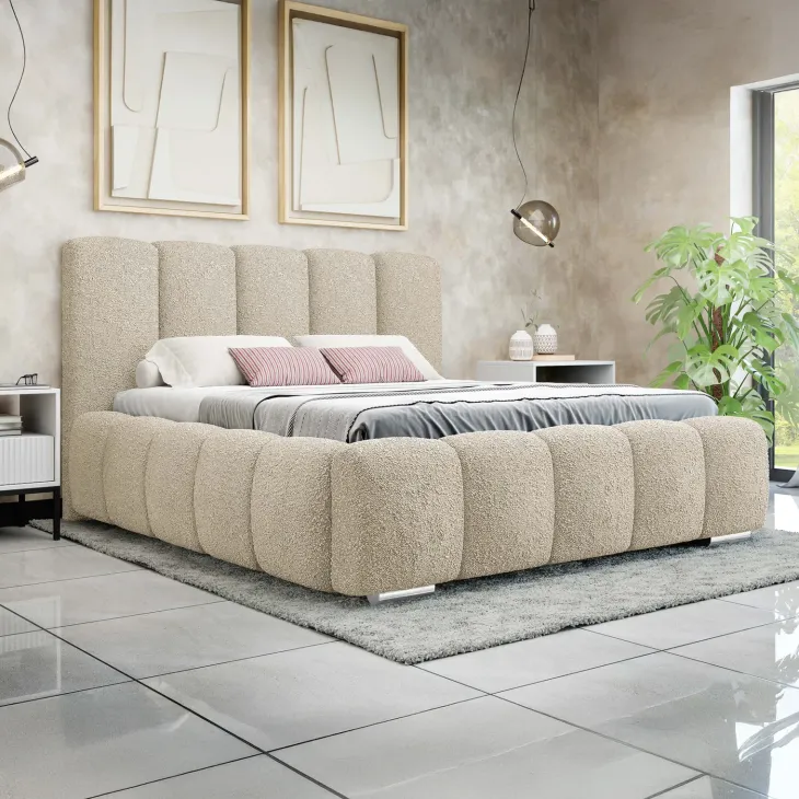 Letto alla francese 140x200 cm con rete contenitore imbottito tessuto bouclé beige Cometa