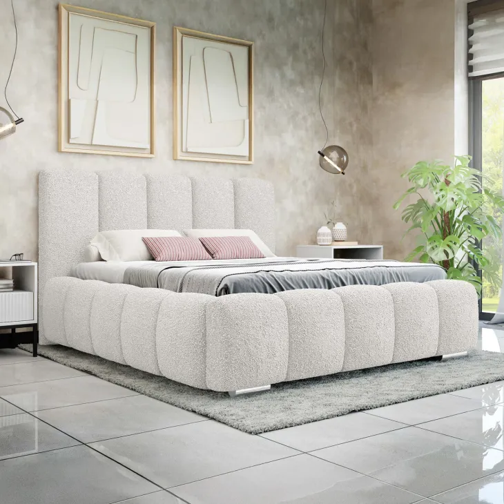 Letto alla francese 140x200 cm con rete contenitore imbottito tessuto bouclé bianco Cometa