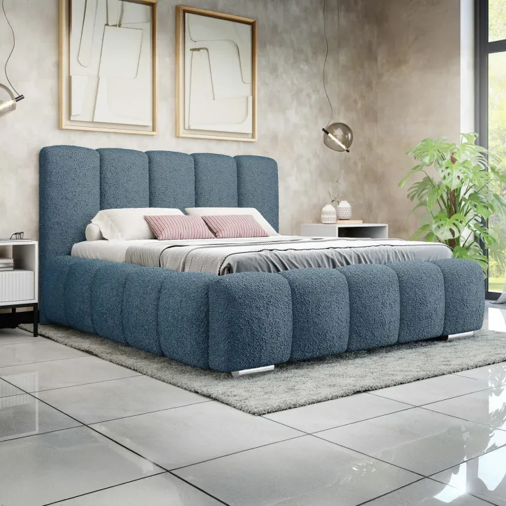 Letto alla francese 140x200 cm con rete contenitore imbottito tessuto bouclé blu Cometa