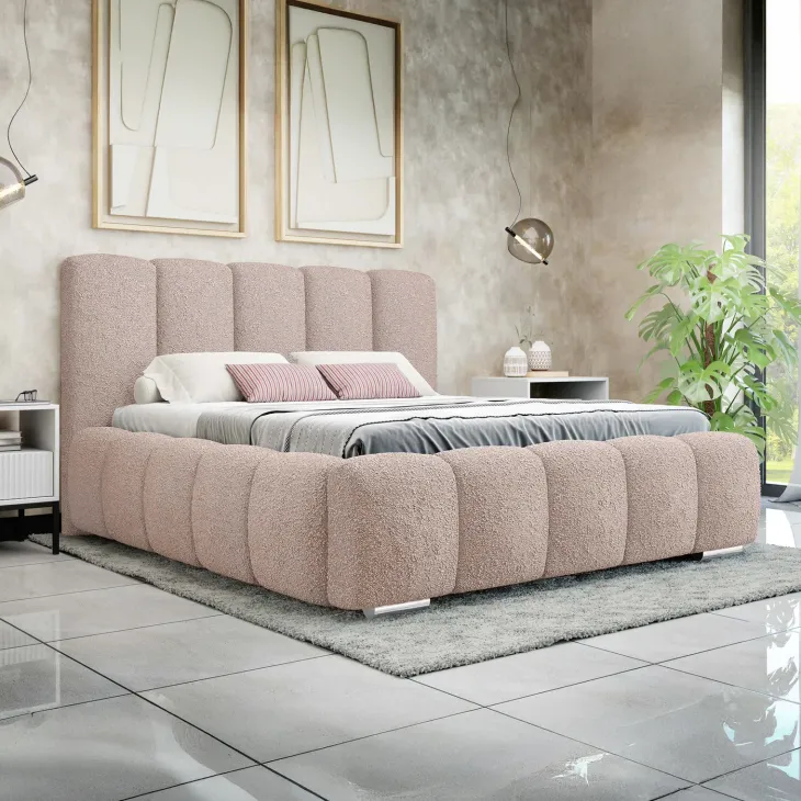 Letto alla francese 140x200 cm con rete contenitore imbottito tessuto bouclé rosa Cometa