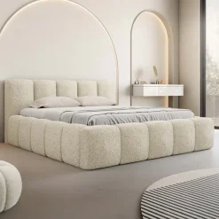 Letto alla francese 140x200cm con rete contenitore imbottito tessuto bouclé beige Aluna