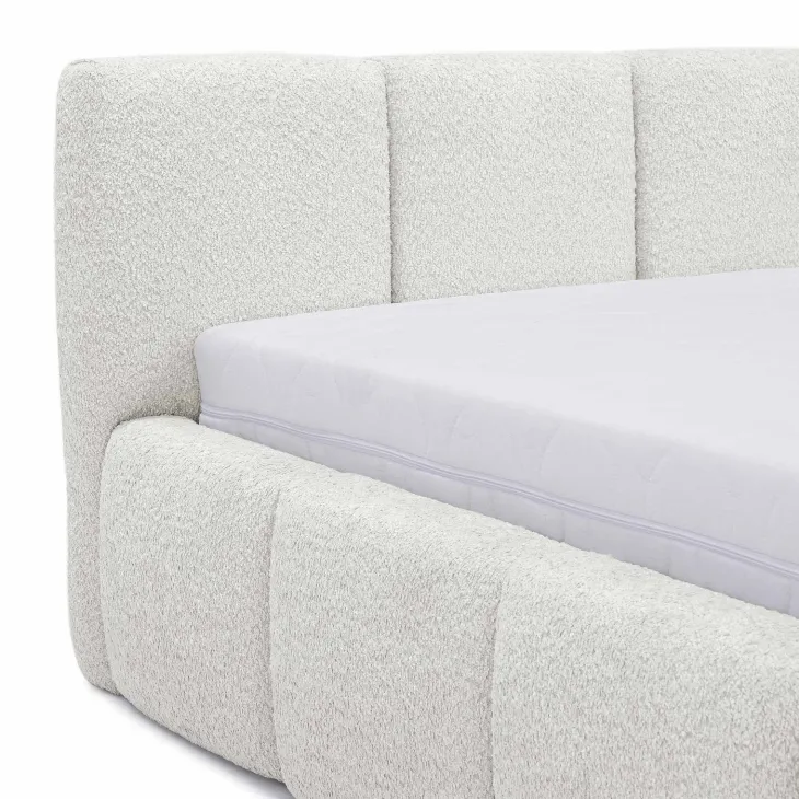 Letto alla francese 140x200cm con rete contenitore imbottito tessuto bouclé bianco Aluna