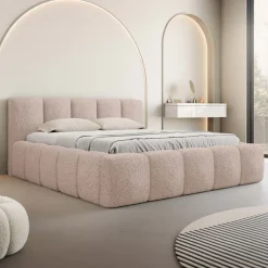 Letto alla francese 140x200cm con rete contenitore imbottito tessuto bouclé rosa Aluna