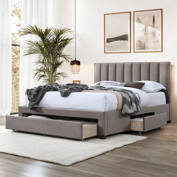 Letto alla francese 140x200cm imbottito con cassettoni beige Lux