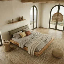 Letto alla francese 140x200cm testiera imbottita piedi in vetro legno massello rovere tortora Resilia