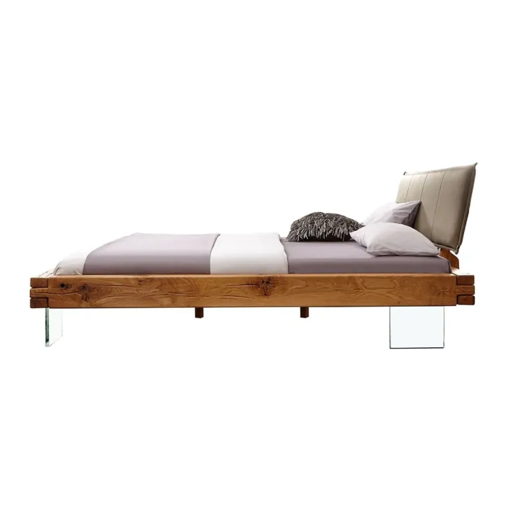 Letto alla francese 140x200cm testiera imbottita piedi in vetro legno massello rovere tortora Resilia