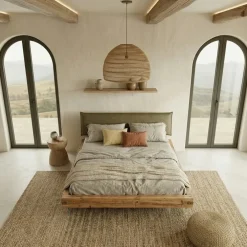 Letto alla francese 140x200cm testiera imbottita piedi in vetro legno massello rovere tortora Resilia